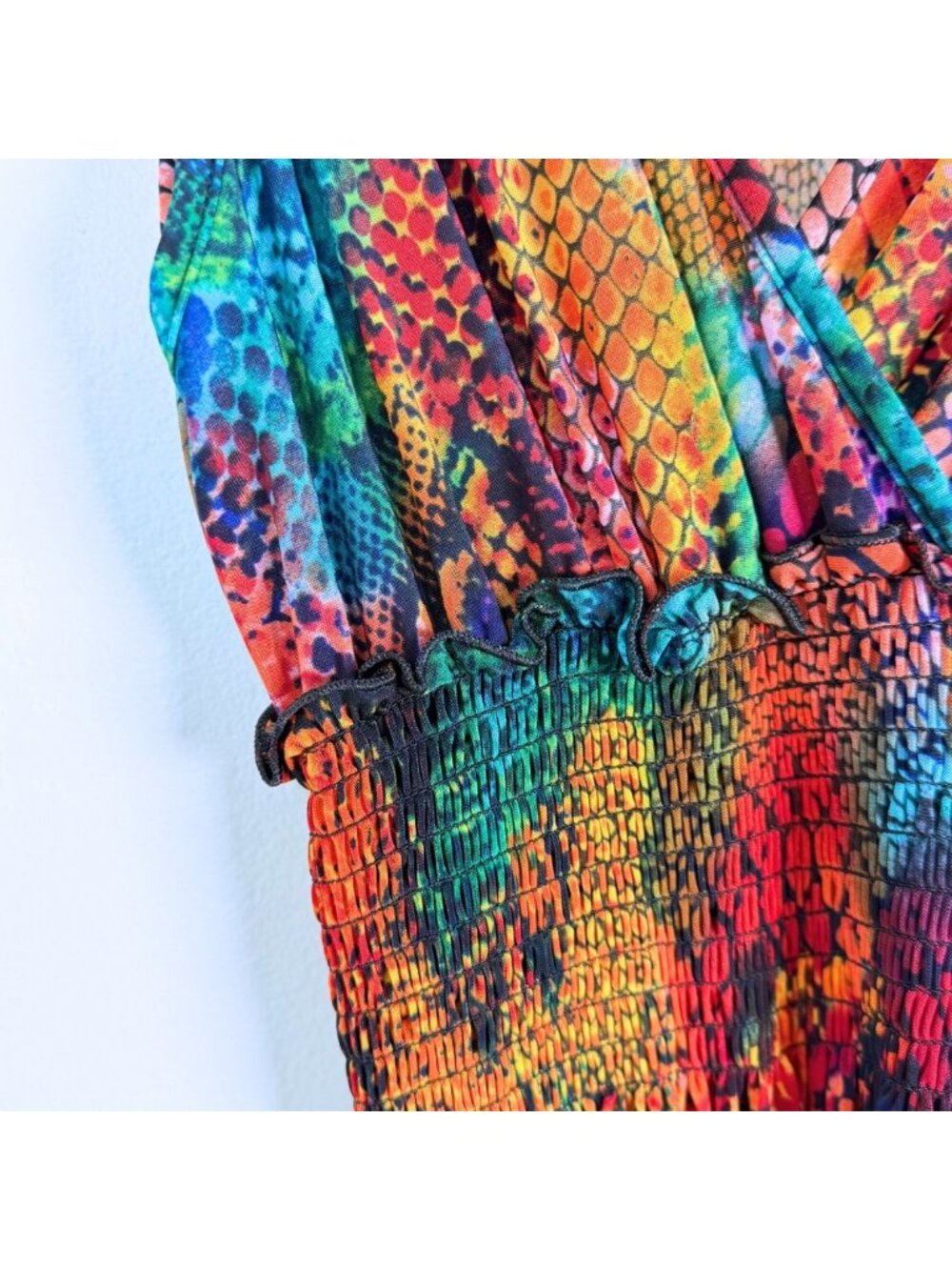 Rainbow Neon Snakeskin Smocked Fit and Flare Beach Mini Dress One Size Y2K Rave - Picture 2 of 10